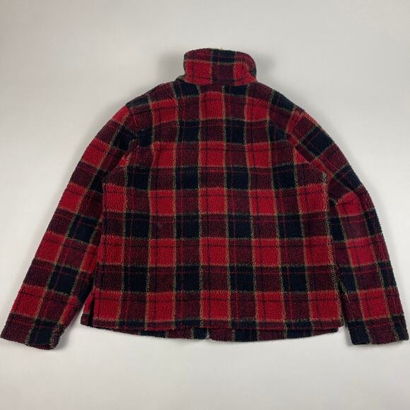 Vintage Red Plaid Fleece W/ Sherpa Collar Fall Winter Warm Boxy Fit Size Medium - Picture 5 of 8
